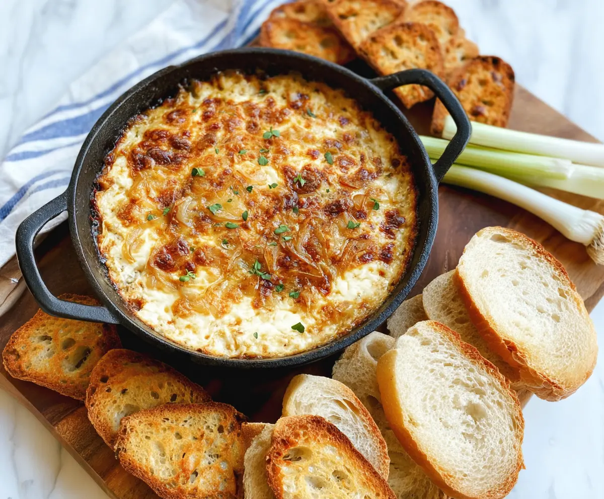 Delicious baked French onion dip served in a bowl with crispy chips on the side.