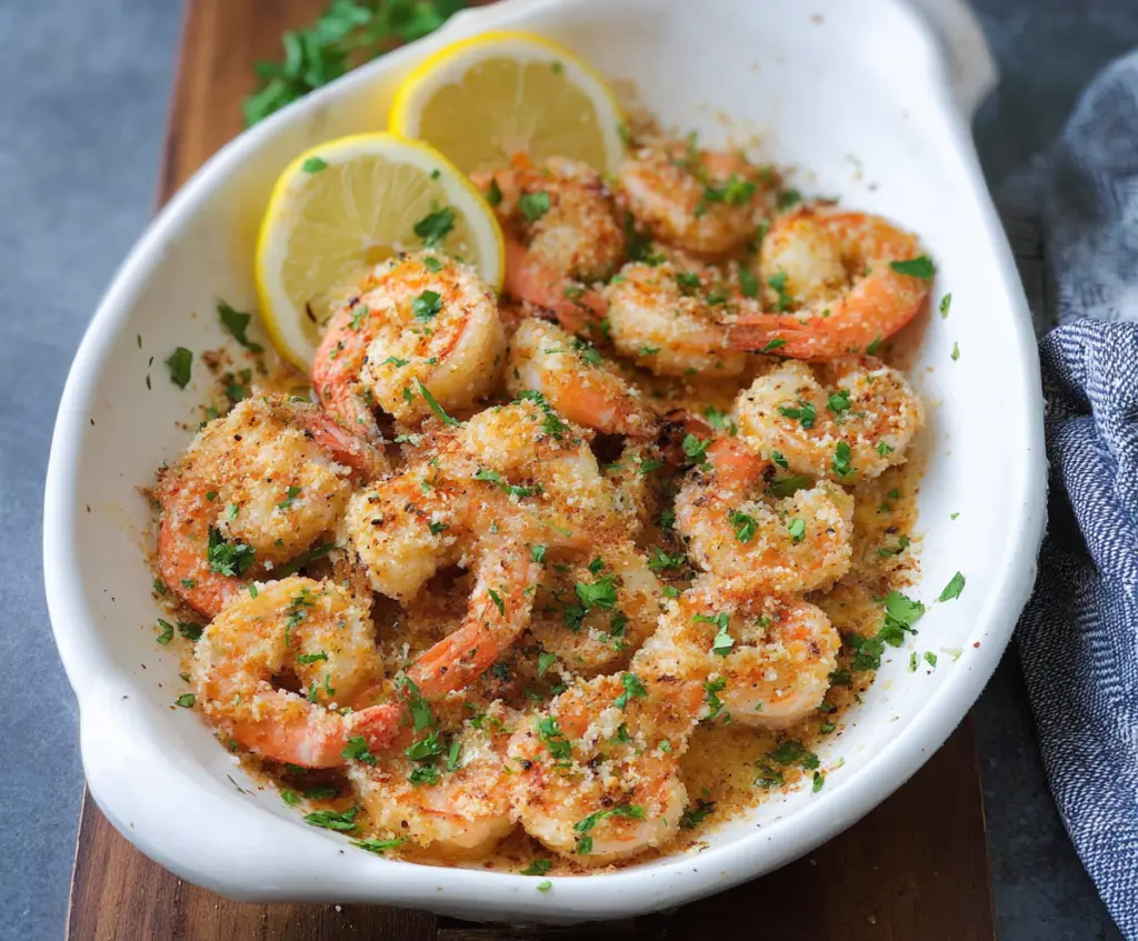 Delicious baked garlic parmesan shrimp on a dish, garnished with fresh herbs.