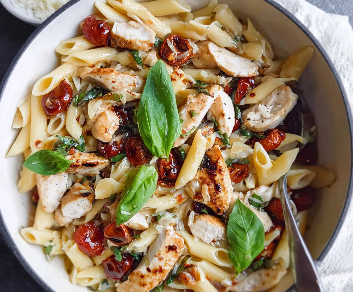 Delicious Balsamic Chicken Pasta served on a white plate with fresh herbs