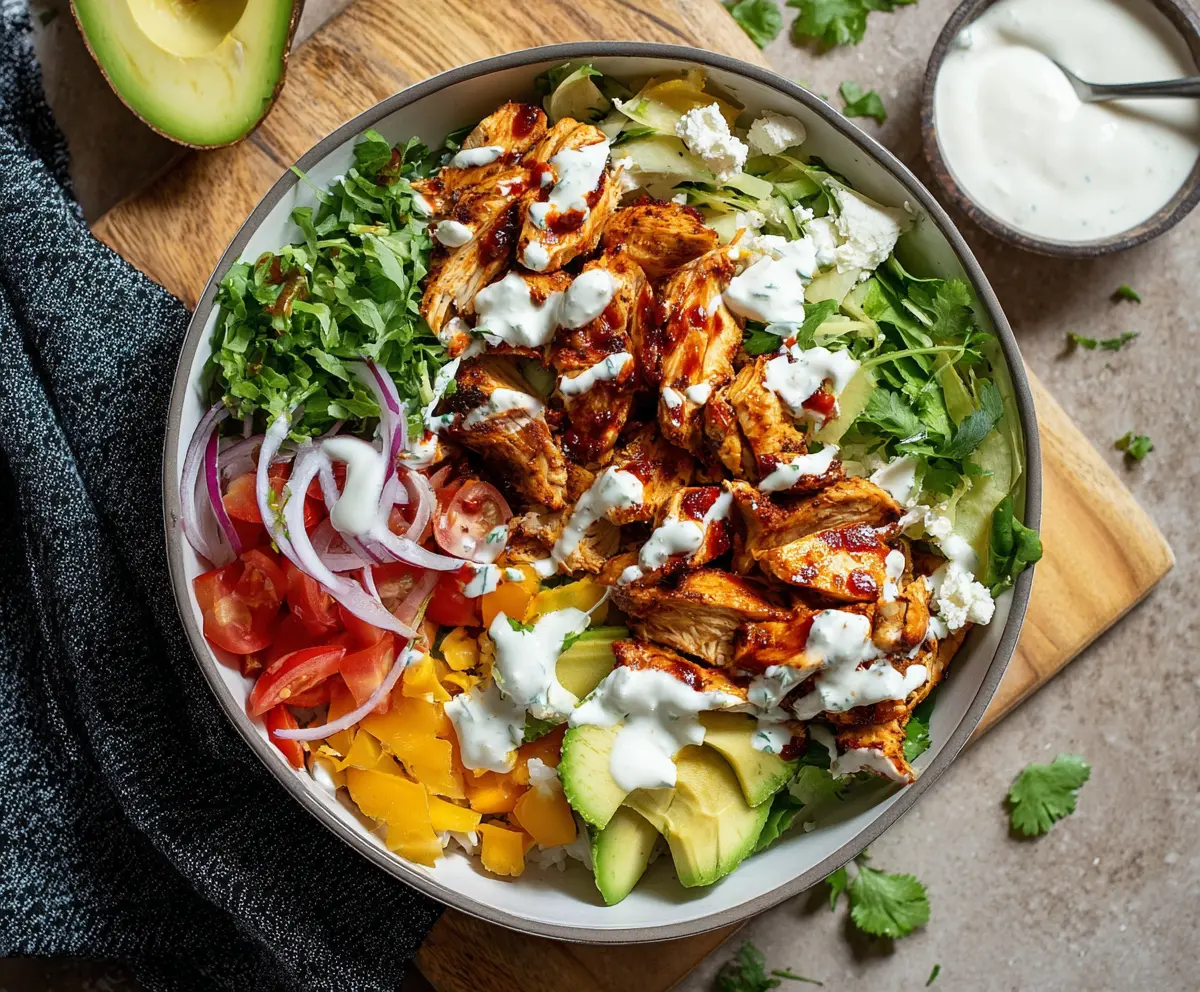 Delicious BBQ Chicken Cottage Cheese Bowl topped with fresh herbs, perfect for a healthy meal.