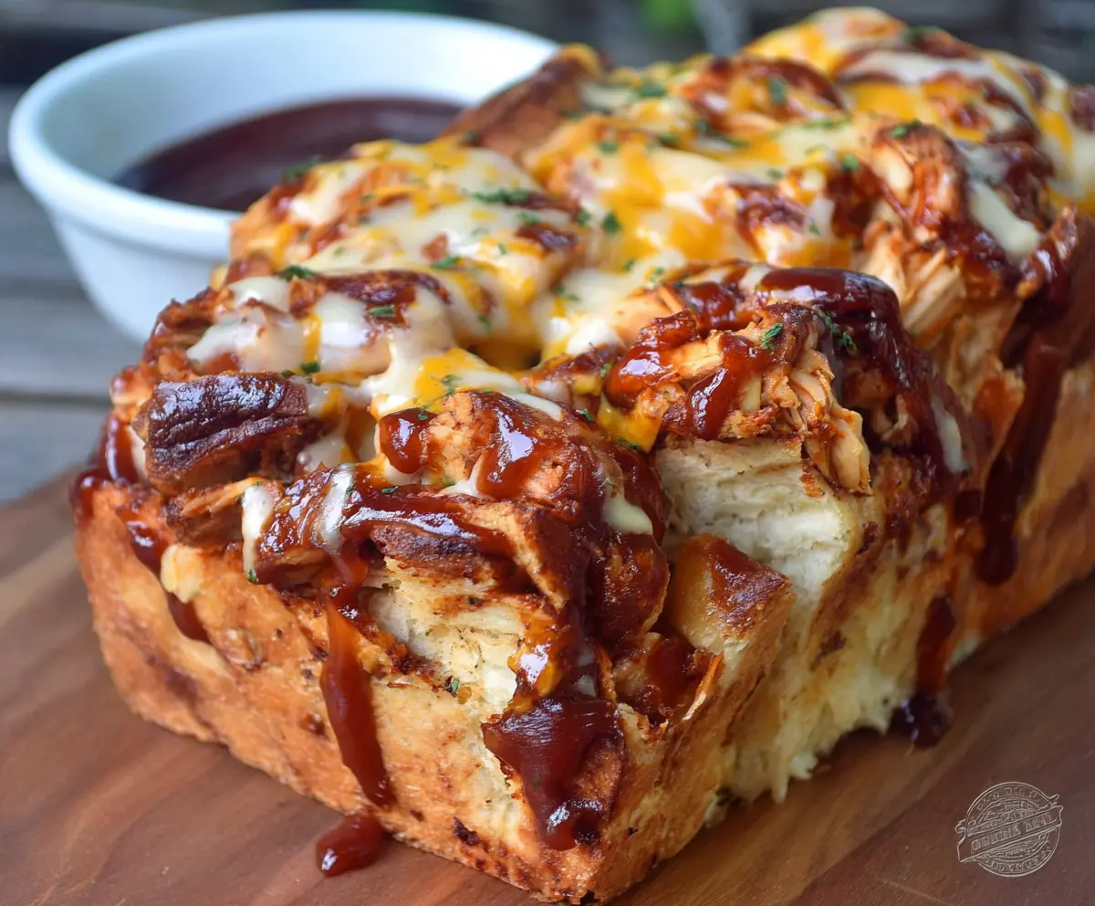 Delicious BBQ Chicken Pull Apart Bread with melted cheese and savory barbecue sauce cut into slices.