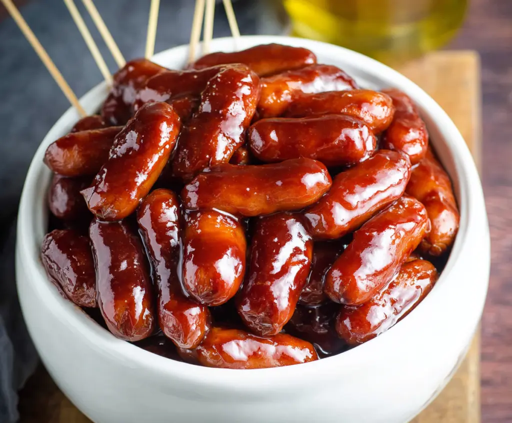 Delicious BBQ Little Smokies cooking in a crock pot for easy appetizer.