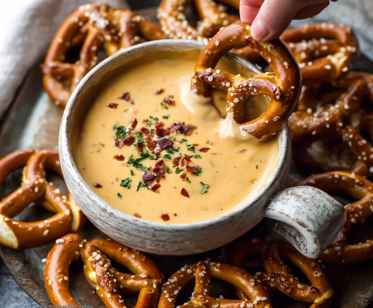 Creamy beer cheese dip served with crunchy pretzels for a perfect snack.