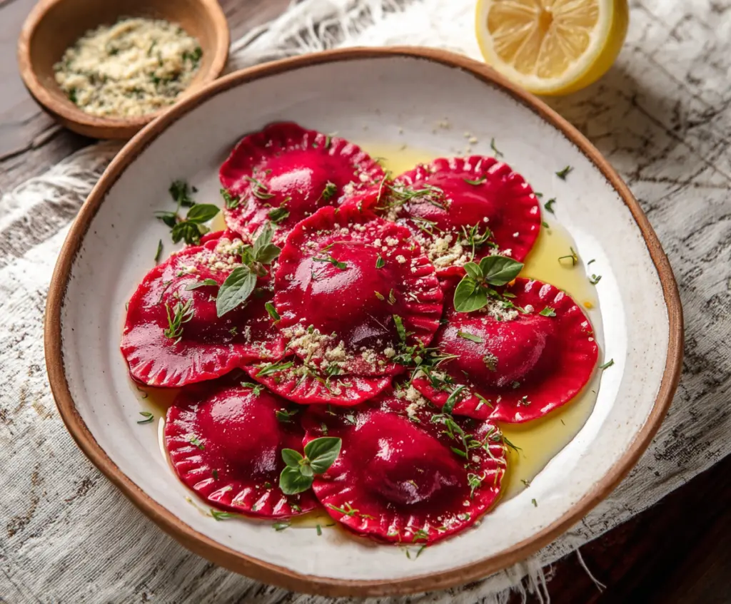 Delicious homemade beet ravioli with vibrant red color served on a white plate