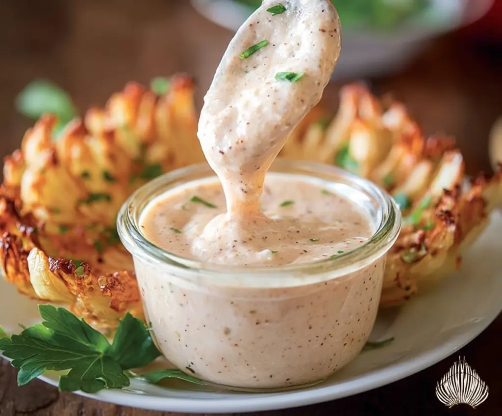 Creamy Bloomin Onion Sauce served with crispy onion petals on a plate.
