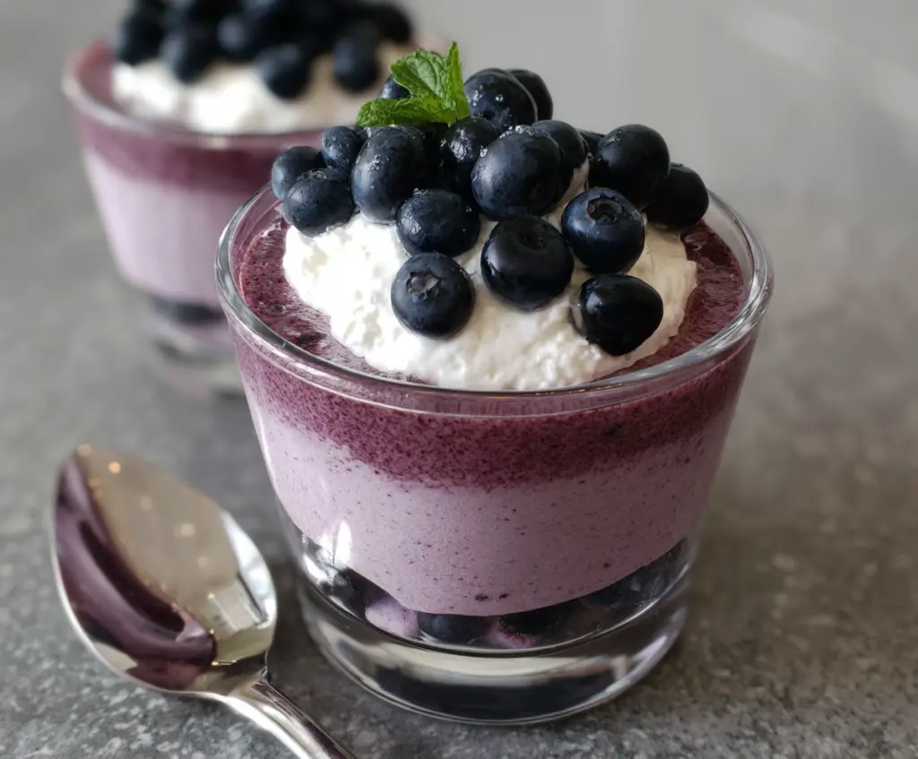 Delicious Blueberry Cottage Cheese Mousse served in a glass bowl with fresh blueberries on top