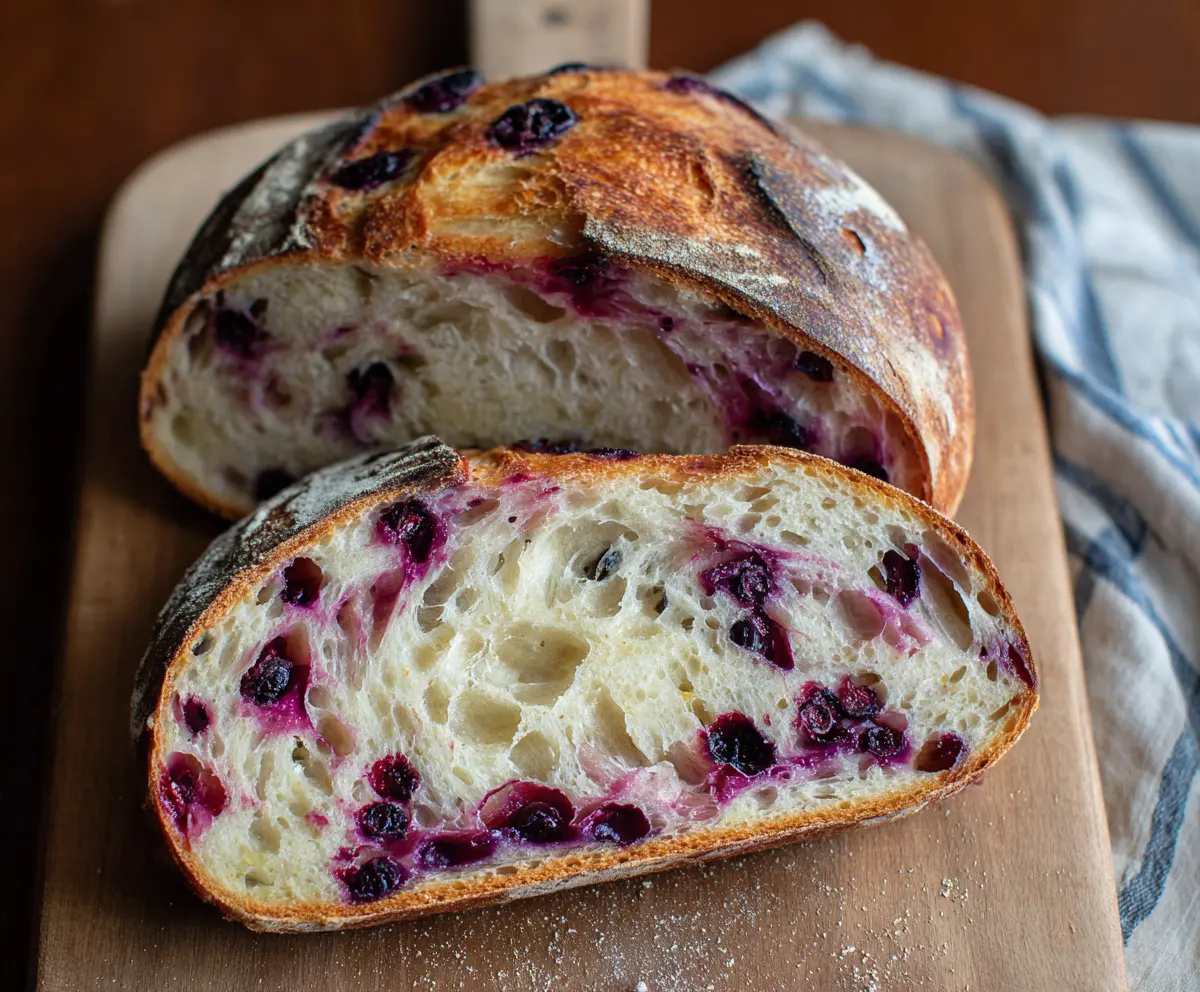 Delicious Blueberry Lemon Sourdough Bread with fresh blueberries and zesty lemon glaze on a rustic wooden table.