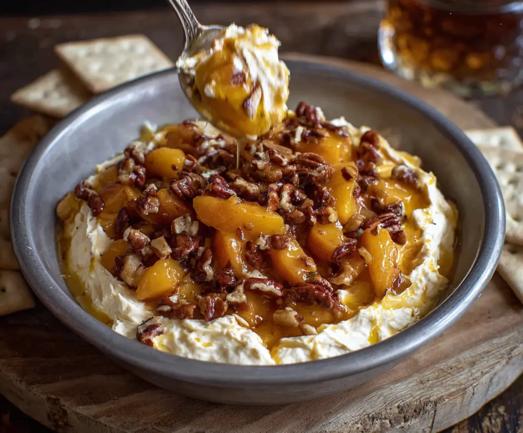 Delicious Bourbon Peach Pecan Dip served with fresh fruit and crackers for a sweet appetizer.