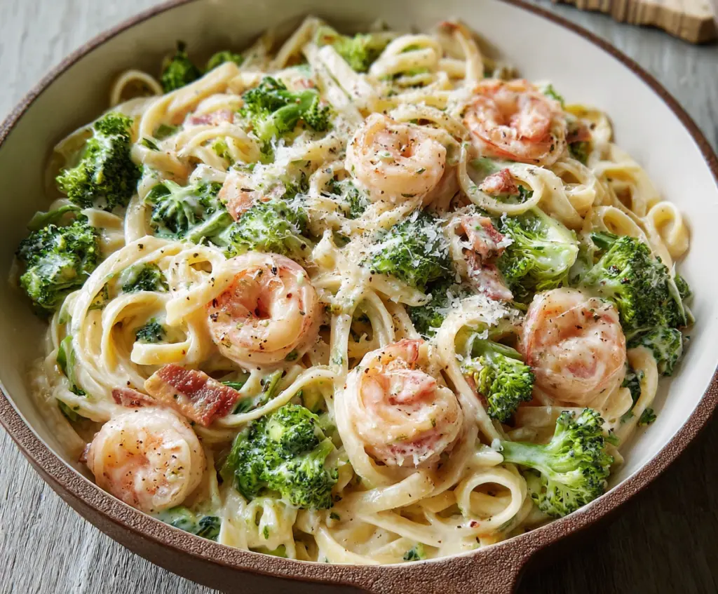 Creamy broccoli and shrimp Alfredo pasta served on a white plate, garnished with parsley.