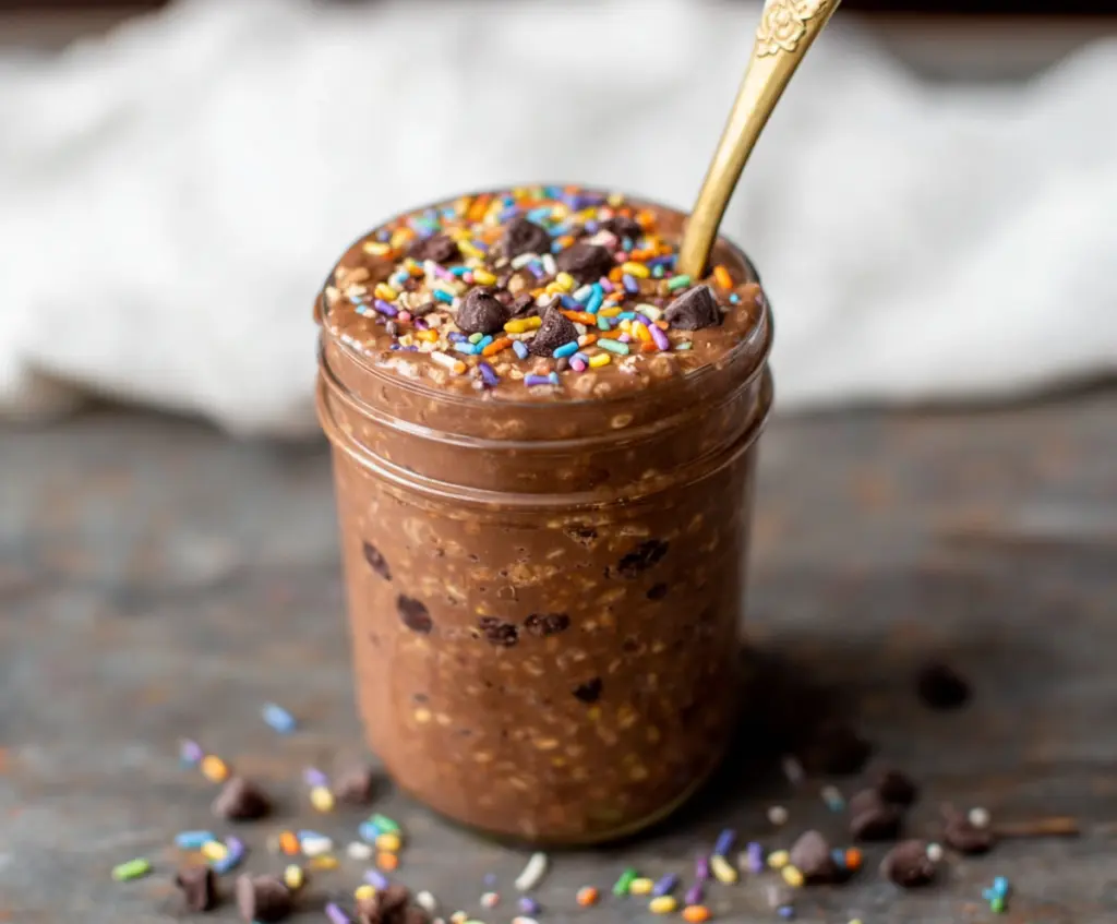 Nutritious Brownie Batter Overnight Oats in a glass jar, topped with chocolate shavings