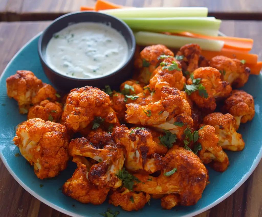 Spicy Buffalo Cauliflower Wings served with celery and blue cheese dip on a plate.