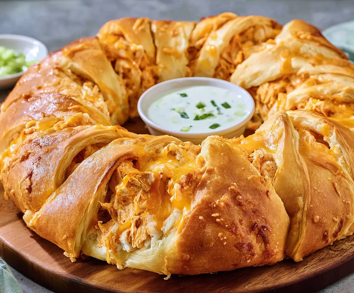 Delicious Buffalo Chicken Crescent Ring served on a white plate with fresh herbs