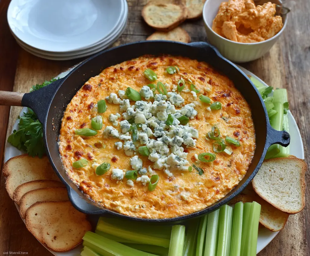 Delicious buffalo chicken dip topped with tangy blue cheese crumble, perfect for parties.