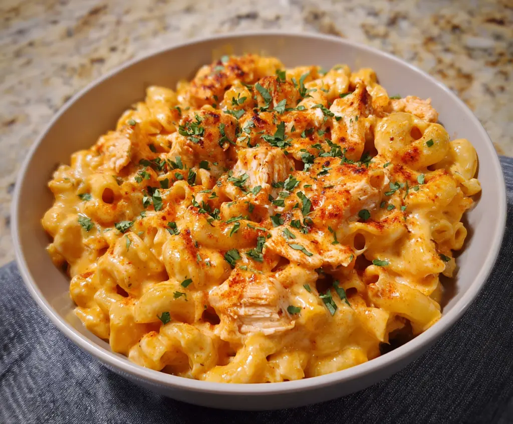 Creamy buffalo chicken mac and cheese in a baking dish with melted cheese and spicy buffalo sauce
