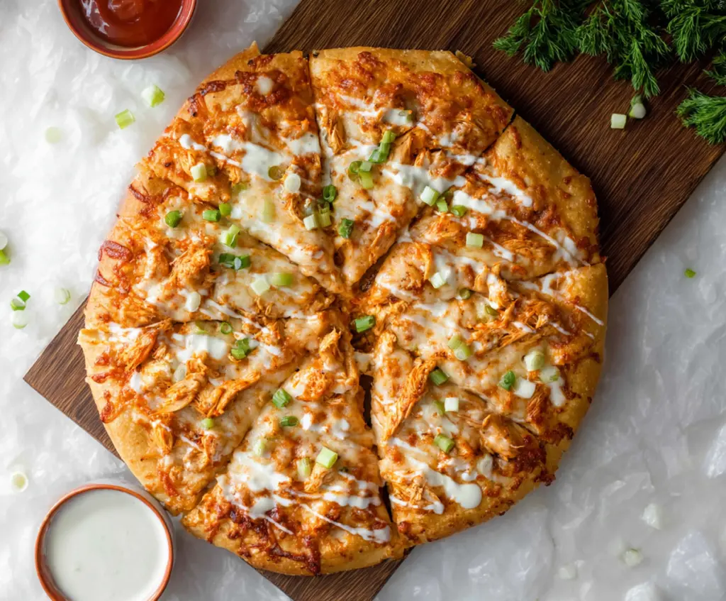 Delicious Buffalo Chicken Pizza topped with spicy buffalo sauce, melted cheese, and crispy crust.