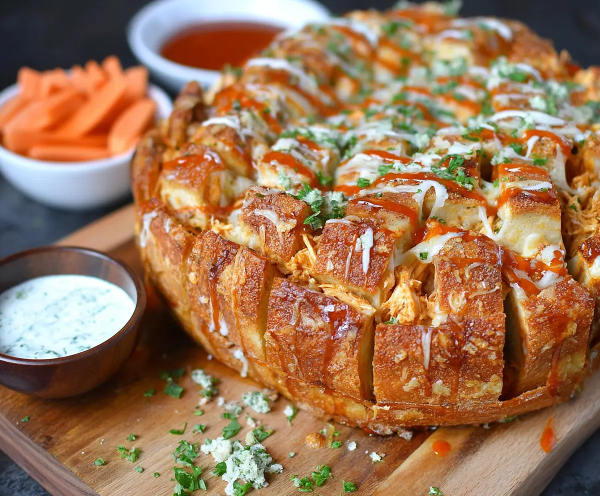 Delicious Buffalo Chicken Pull Apart Bread topped with melted cheese and spicy buffalo sauce.