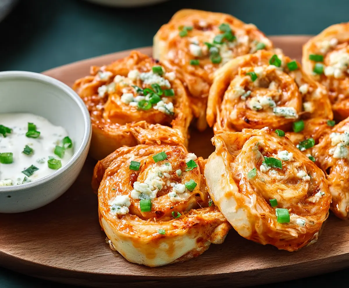 Delicious Buffalo Chicken Ranch Pinwheels on a platter, perfect for party appetizers.
