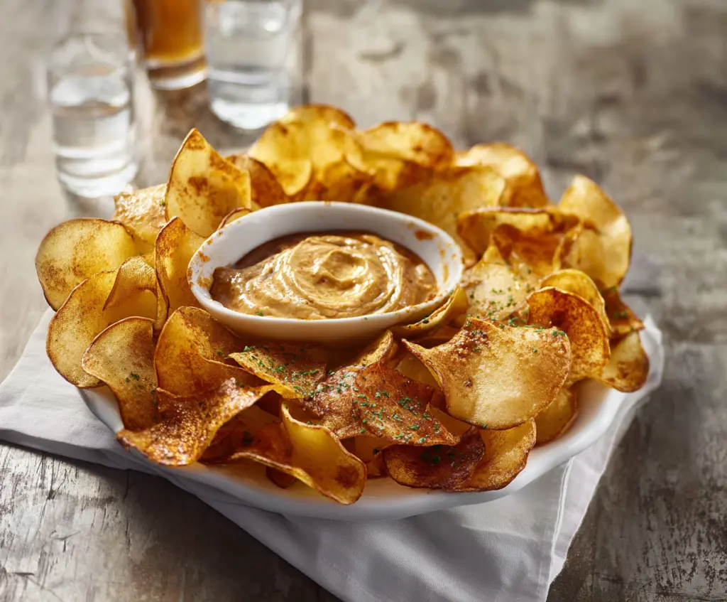 Crispy Buffalo Chips served with a spicy Louisiana Hot Dip for appetizer lovers.