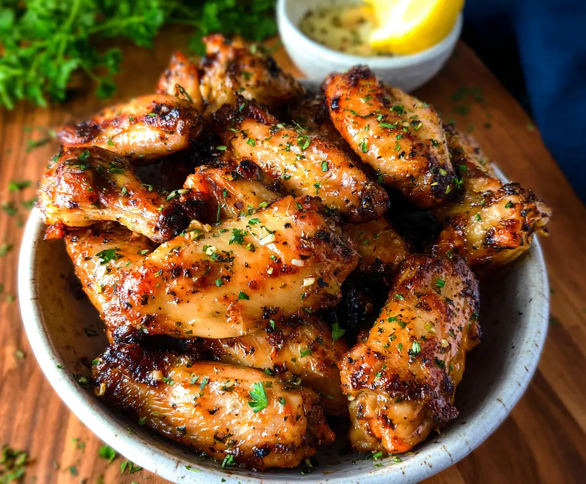 Juicy Cajun Garlic Chicken Wings served on a platter garnished with fresh herbs