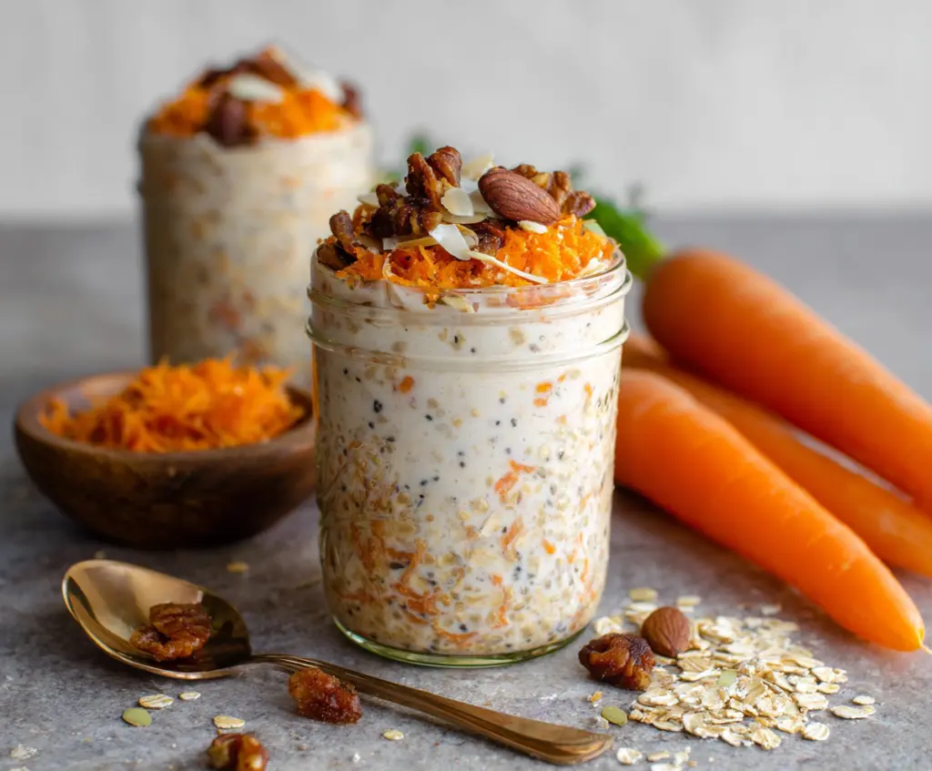 Healthy Carrot Cake Overnight Oats in a glass jar topped with walnuts and shredded carrots for breakfast.
