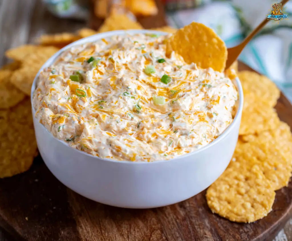 Creamy Cheddar Ranch Dip served with fresh vegetables and chips