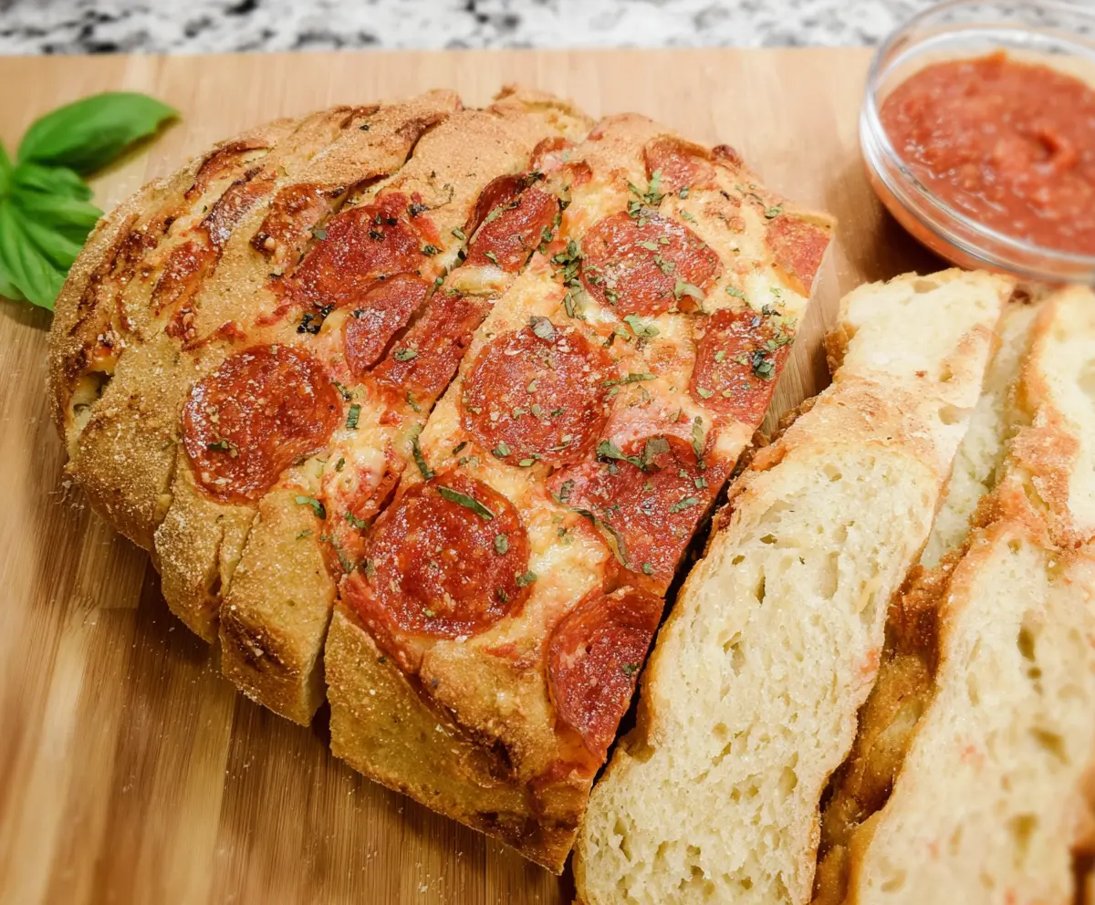 Delicious cheesy pepperoni sourdough pizza bread fresh out of the oven, topped with melted cheese and spicy pepperoni slices.