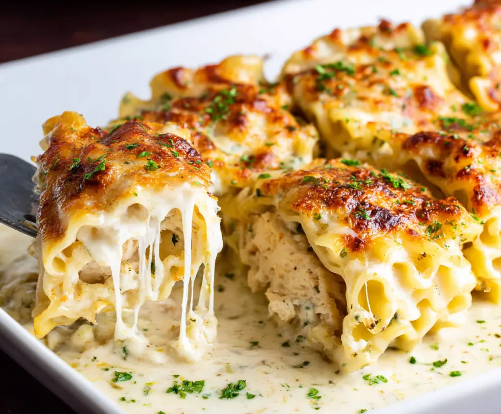 Delicious Chicken Alfredo Lasagna Rolls with creamy sauce and melted cheese