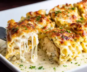 Delicious Chicken Alfredo Lasagna Rolls with creamy sauce and melted cheese