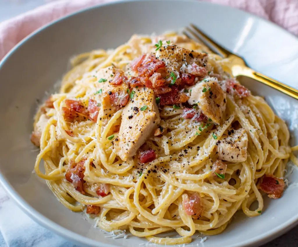 Delicious Chicken Carbonara Pasta with creamy sauce and savory chicken pieces on a plate.