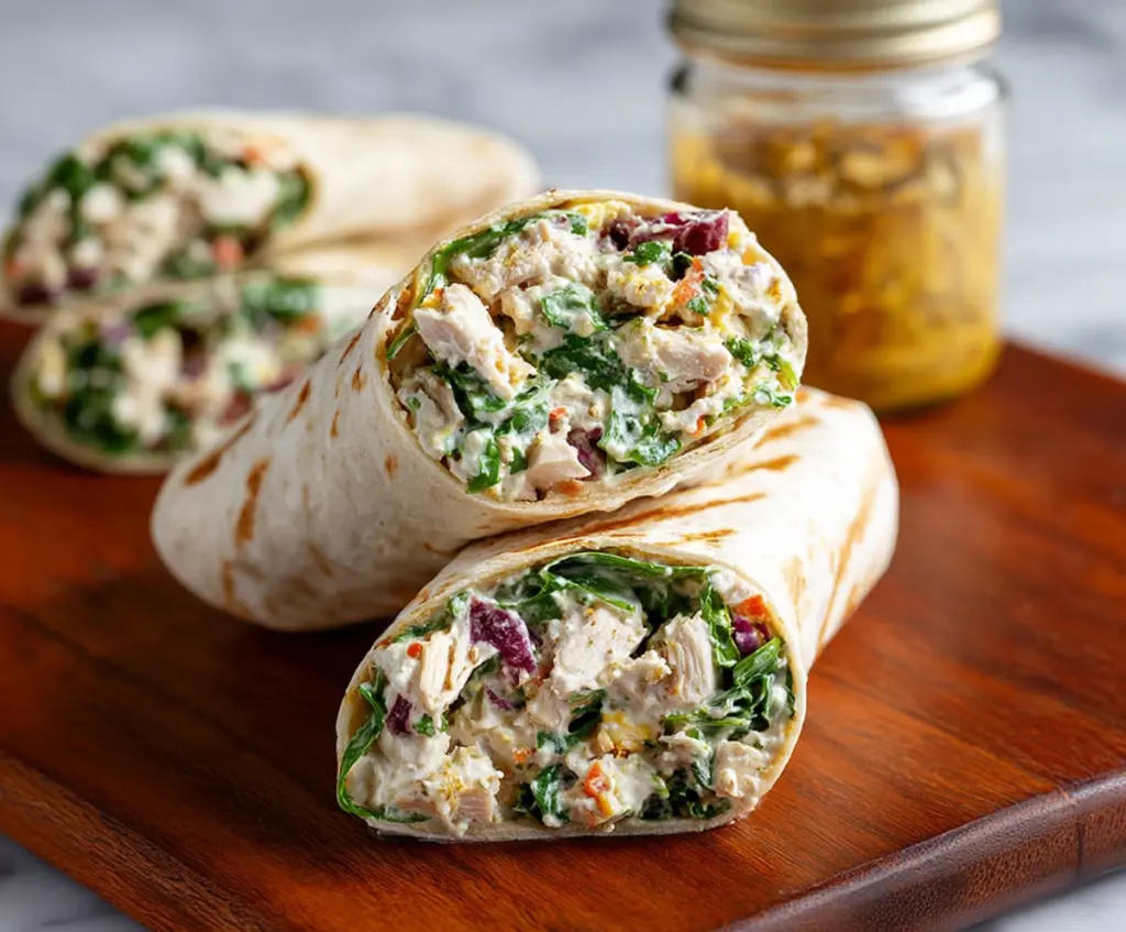 Healthy chicken salad protein wrap with fresh vegetables and whole wheat tortilla