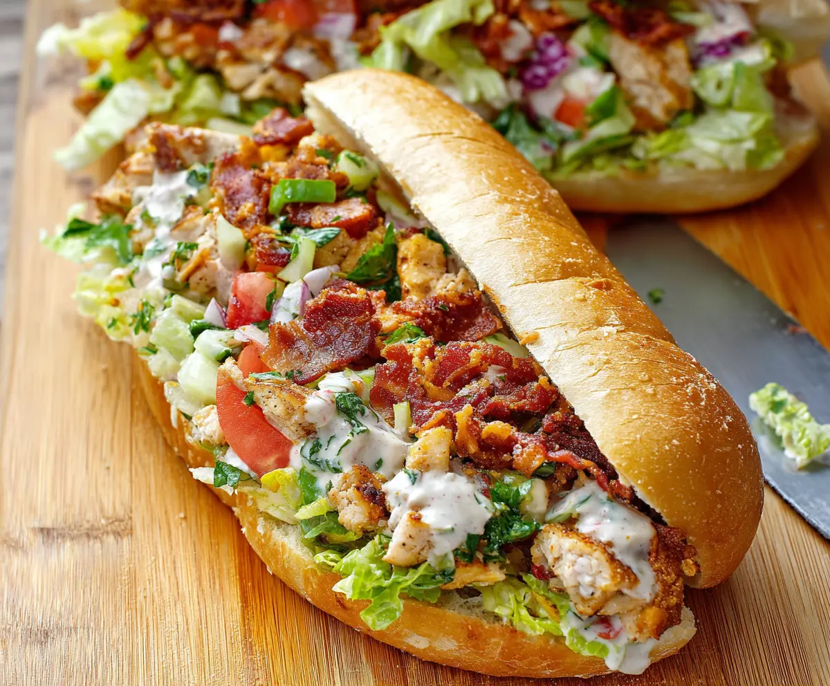 Delicious chopped chicken bacon ranch sandwich with fresh ingredients and crispy bacon