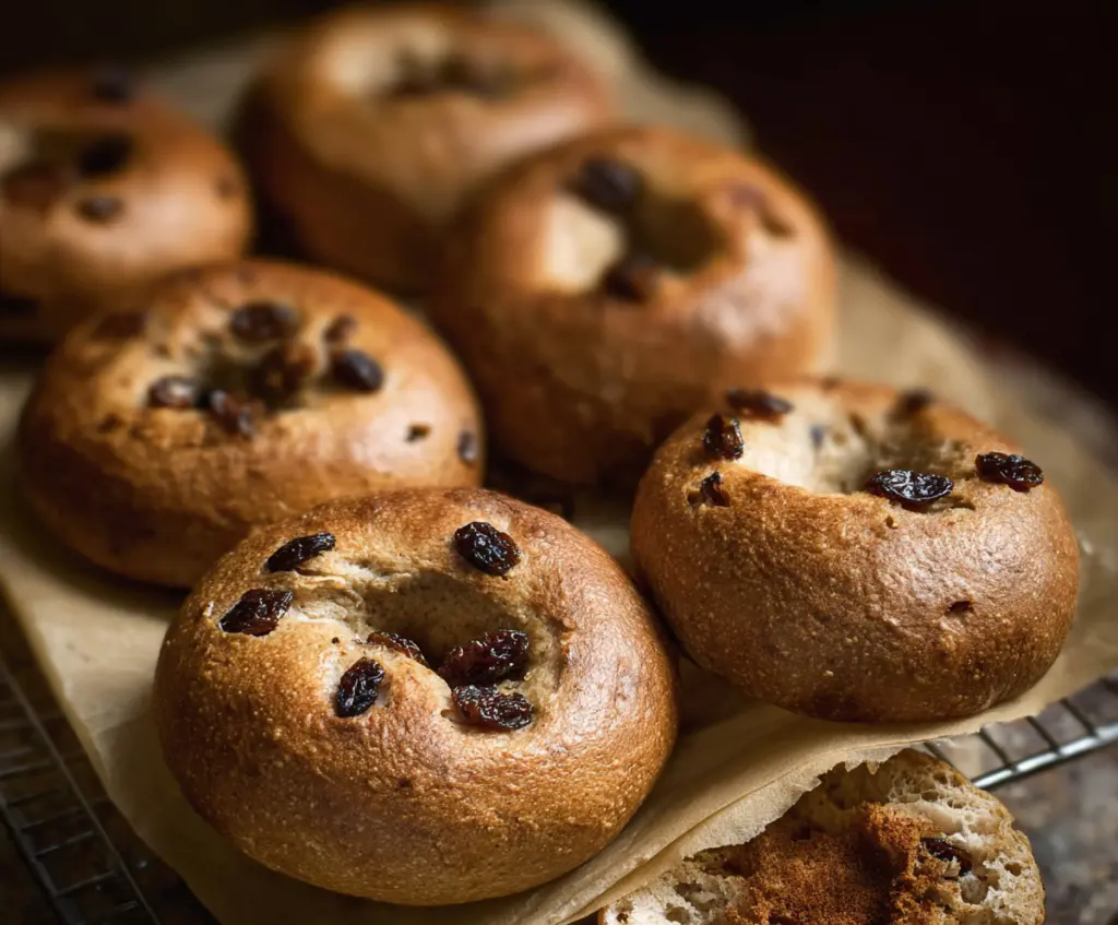 Fresh cinnamon raisin sourdough bagels on a wooden board, perfect for breakfast.