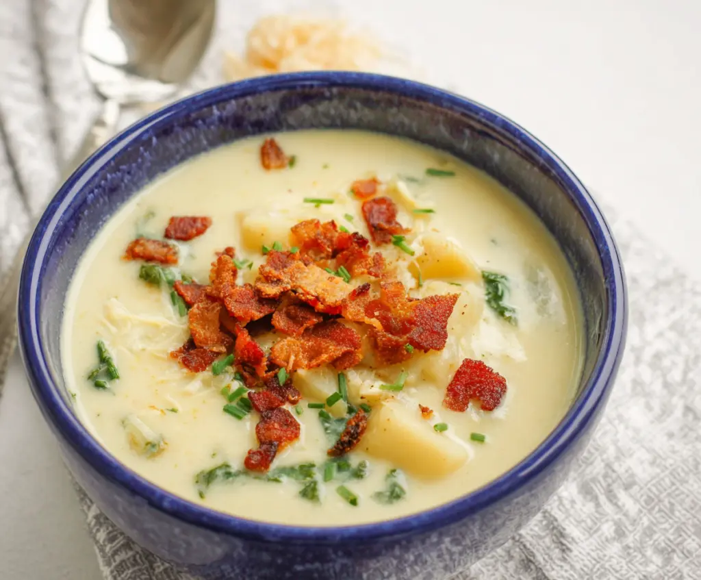 Creamy cottage cheese potato soup served in a bowl with fresh herbs, perfect for a comforting meal.