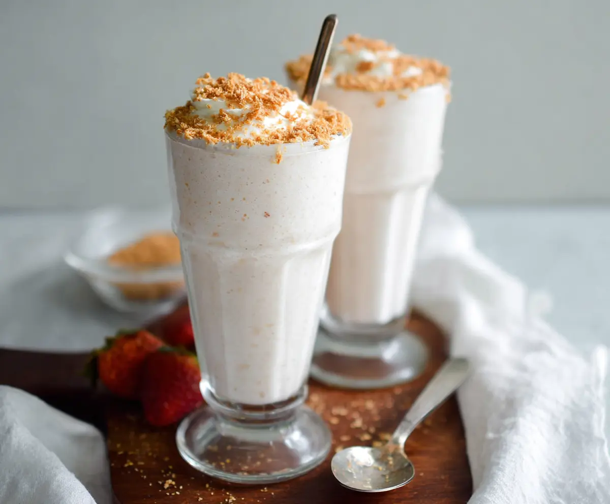 Creamy cottage cheese shake in a glass with fresh fruit garnish, perfect for a healthy snack.