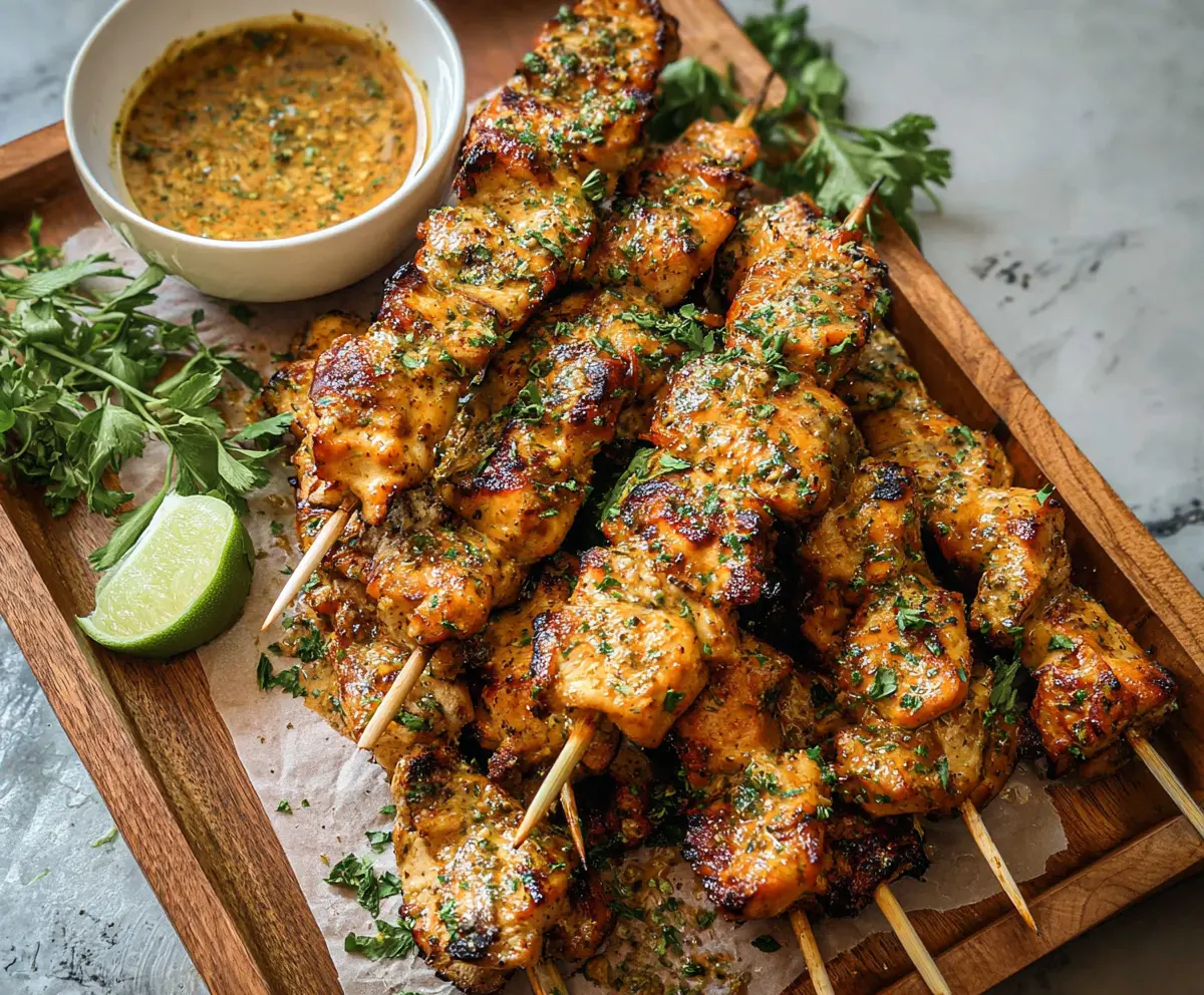 Delicious Cowboy Butter Chicken Skewers grilled to perfection on a wooden platter.