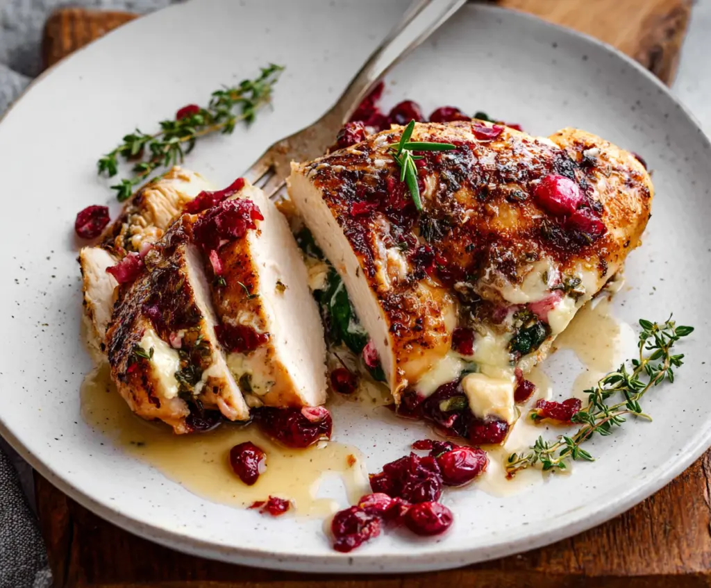 Juicy stuffed chicken breast filled with cranberry and melted Brie cheese, garnished with fresh herbs.