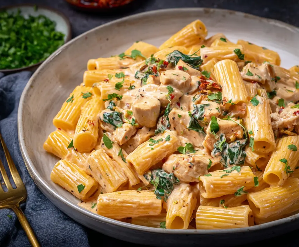 Creamy Chicken Rigatoni pasta dish with tender chicken pieces and rich creamy sauce