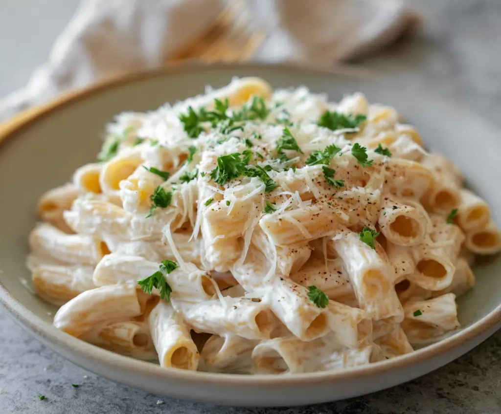 Creamy cottage cheese Alfredo sauce served over pasta for a rich, healthy meal.