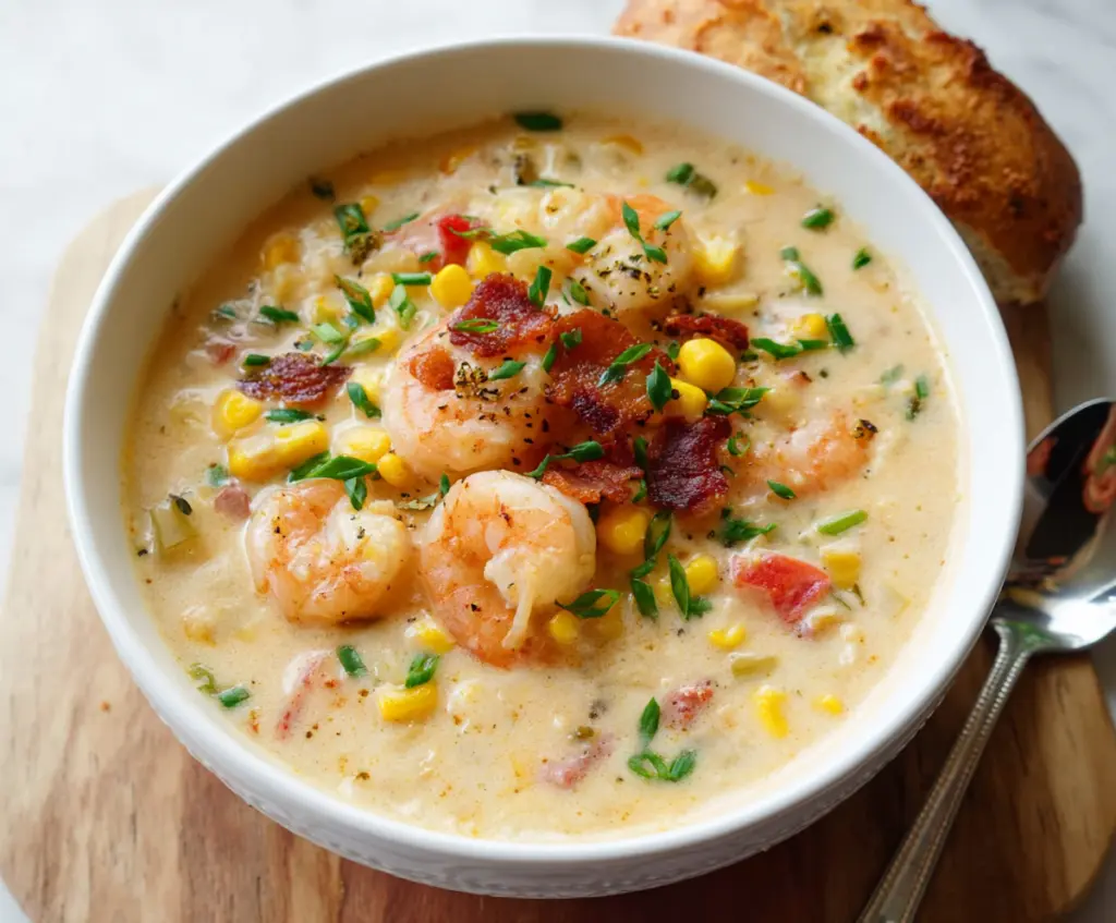 Delicious creamy shrimp and corn chowder in a bowl, garnished with fresh herbs.