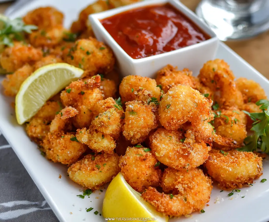 Golden and crispy popcorn shrimp served with a tangy dipping sauce on a white plate.