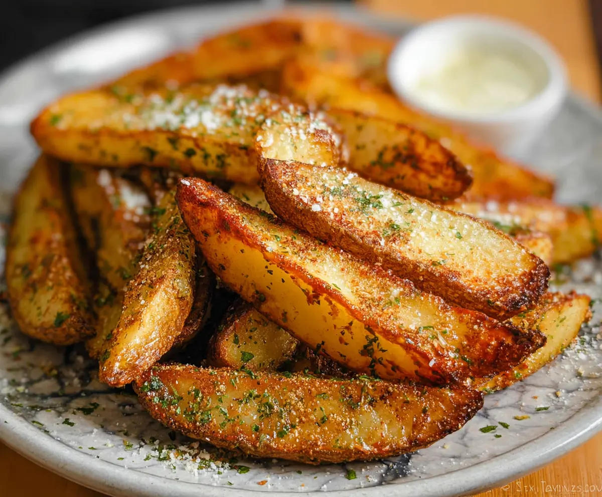 Golden crispy seasoned potato wedges served with herbs and spices for a delicious snack or side dish.