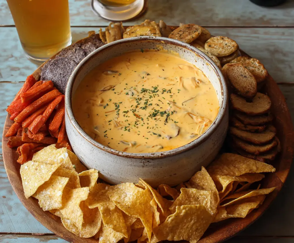 Delicious Crock Pot Beer Cheese Dip served with pretzels and savory snacks.