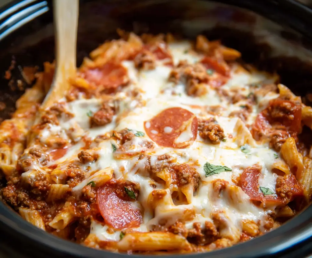 Delicious Crockpot Pizza Casserole with melted cheese, pepperoni, and fresh vegetables in a slow cooker.