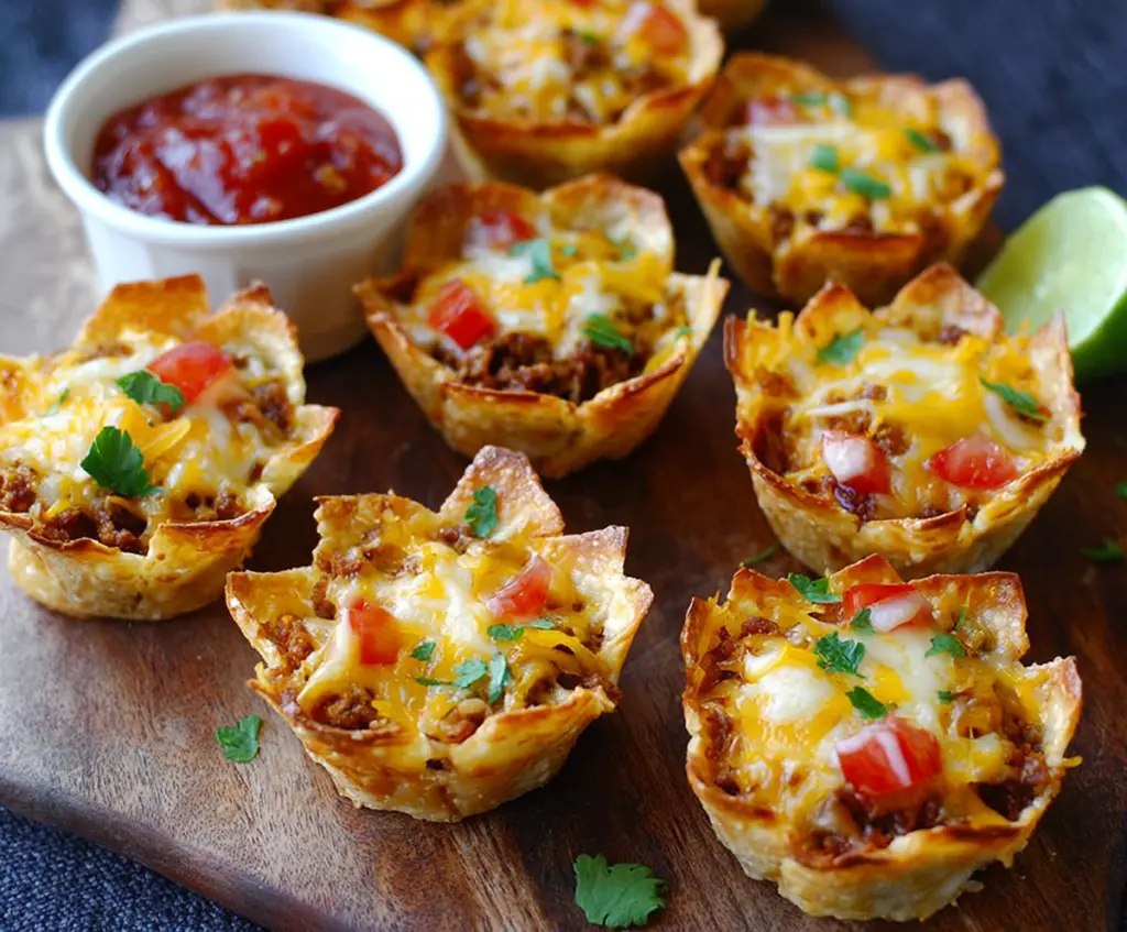 Crispy and cheesy Crunchy Nacho Cups filled with melted cheese and topped with jalapenos.