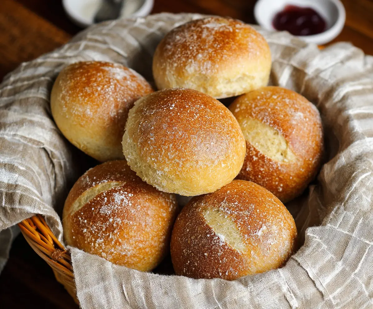 Golden crusty sourdough dinner rolls fresh out of the oven, perfect for any meal.