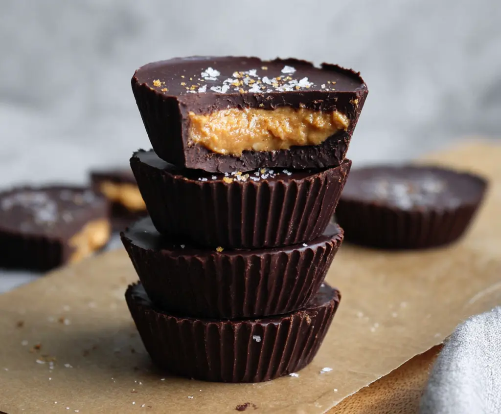 Delicious homemade dark chocolate peanut butter cups on a white plate.