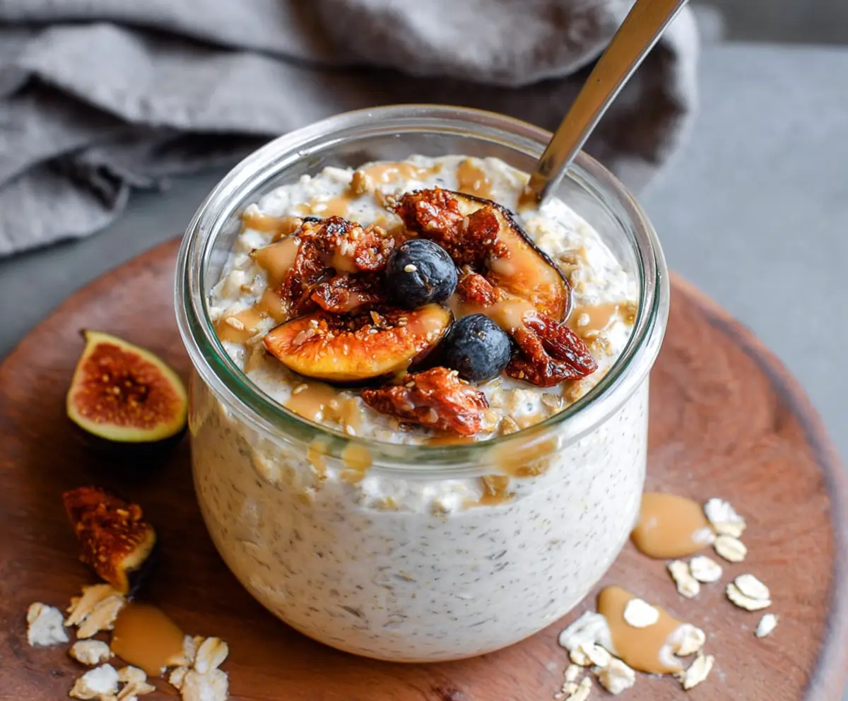 Creamy Date and Tahini Overnight Oats in a glass jar with honey and chia seeds