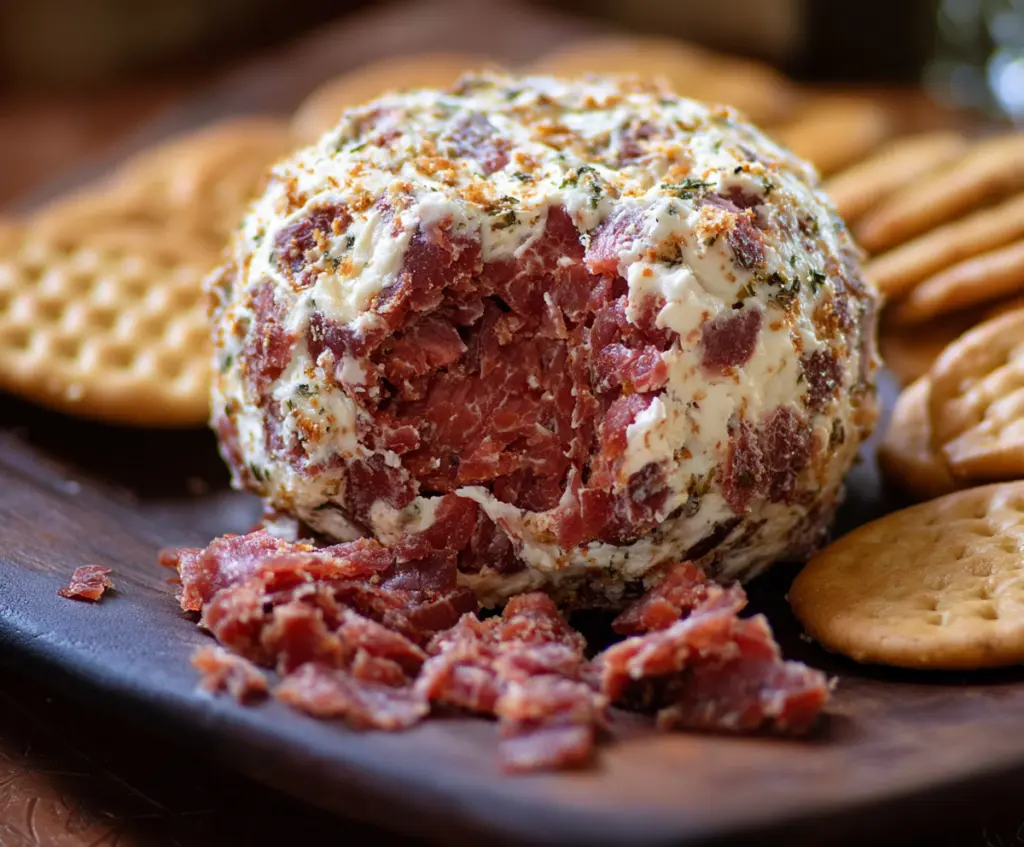 Delicious dried beef cheese ball served as an appetizers at a party.