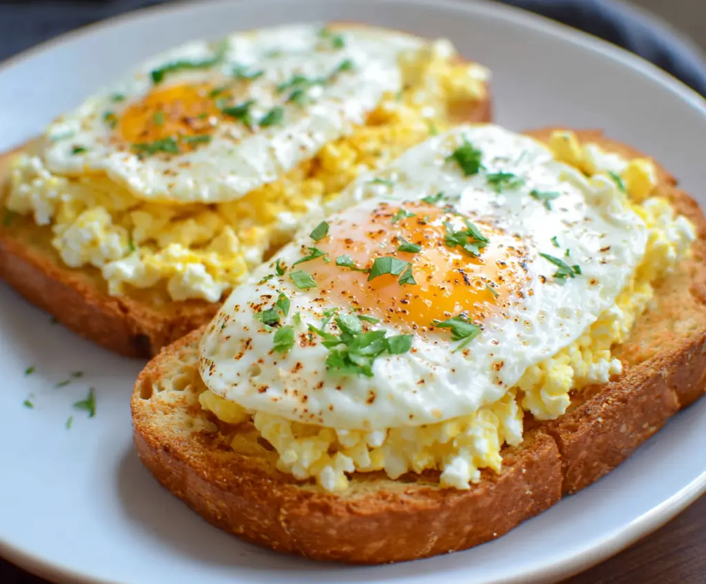 Delicious egg toast topped with melted cheese and herbs, served on a white plate for breakfast.