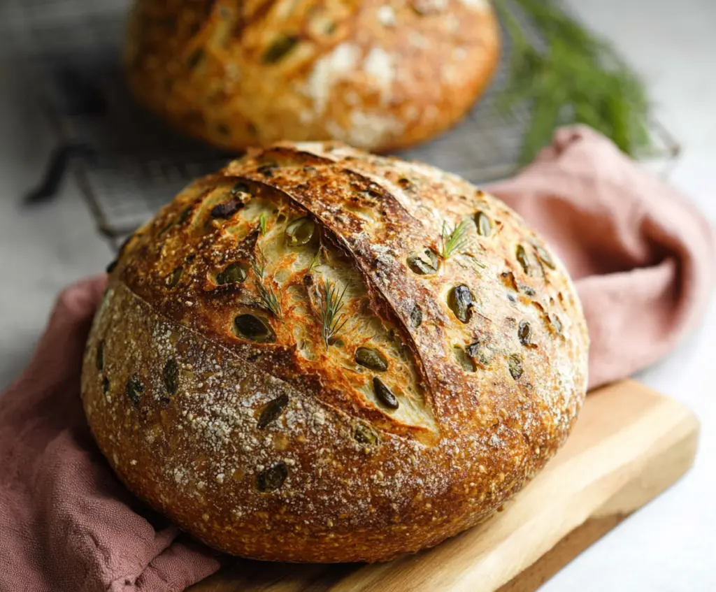 Homemade dill pickle sourdough bread with a crispy crust and a tangy dill flavor.
